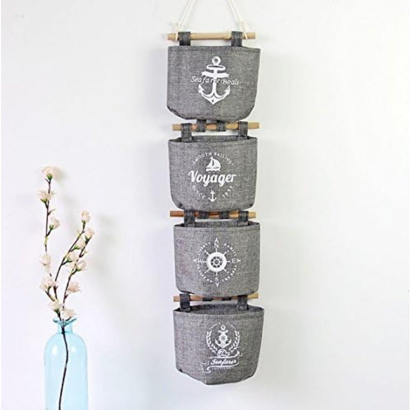 4pcs Marine-themed Grey Hanging Storage Bag with Wooden Sticks - Durable Fabric Wall and Door Organizer for Kitchen Utensils, Towels, Etc. - Especially Anchor, Compass, and Navigator Designs, Door Hanging Storage | Marine-themed Decor