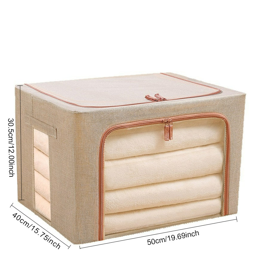 Clothes Storage Bins with Metal Frame, 17.44gal Foldable Clothing Storage Bins with Lid, Stackable Zippered Clothes Storage Bags, Organizer Box with Clear Window＆Handles, Under-Bed Storage