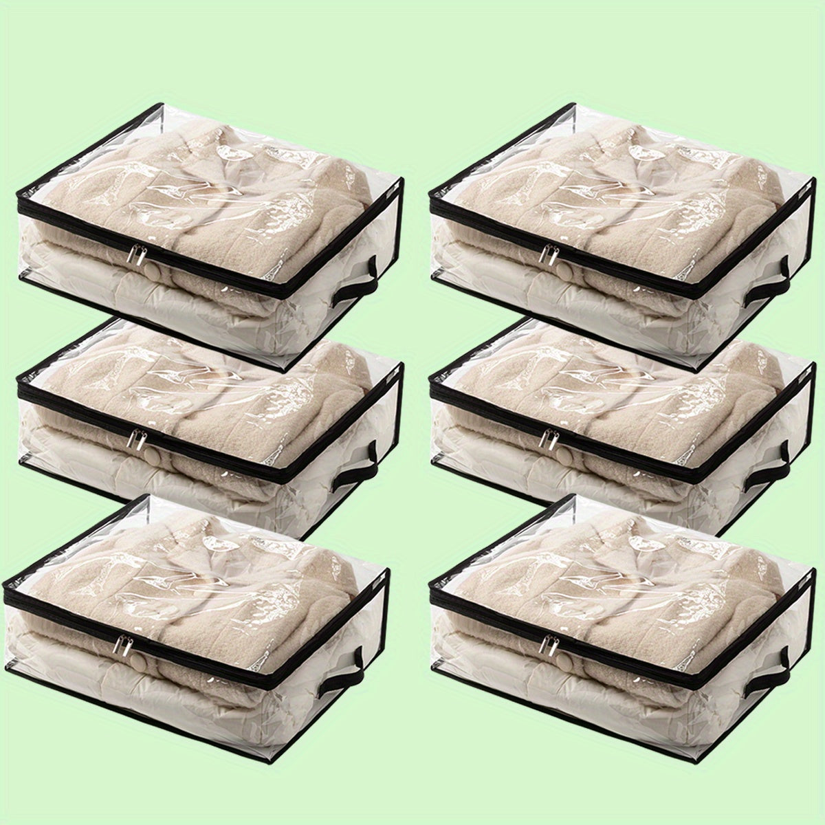 6pcs (6 for of Typing = 6-Pack) Bohemian Clear Fabric Storage Boxes with Zippered Lid Suitable for Clothes, Bedding Organizers & Hat Pouches - Transparent Under-Bed Containers, Space-Saving Suitable for Blankets, Duvet Covers, Hats, Under-Bed Storage