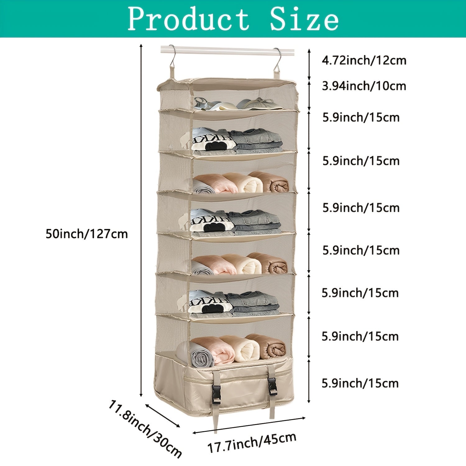 Baina Box Hanging Large Capacity Clothes Storage Bag, 50*18*12 Inches, 7 Layers Foldable Portable Organiser, Outdoor Suitcase Special Hanging Bag, Suitable for Home and Dormitory Use, Wardrobe, Travel Essentials, Portable Closets