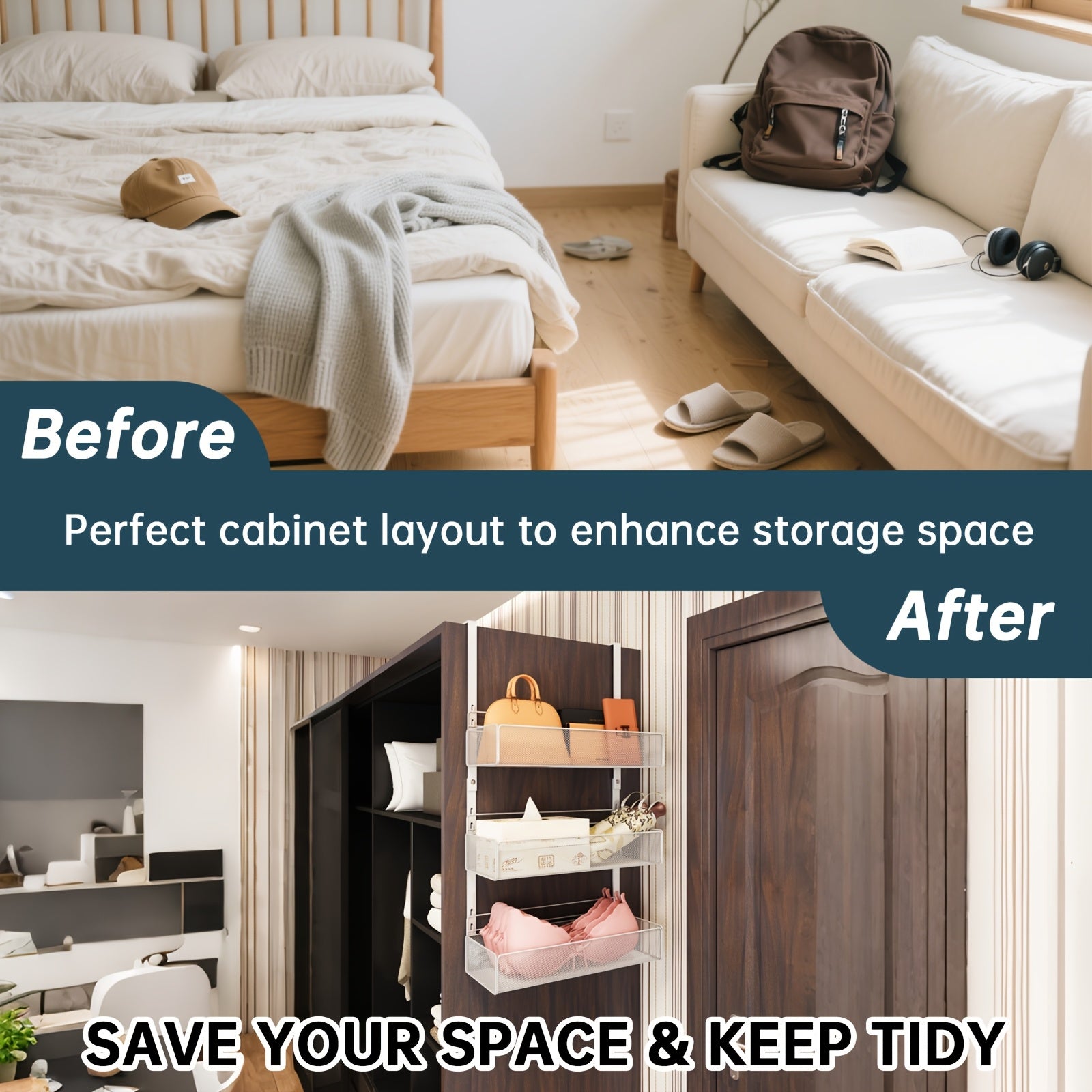 3-Pack Wall-Mounted Side Hanging Baskets for Bedroom Wardrobe, Dormitory Closet Side Storage Hanging Pockets, Space-Saving Shelf