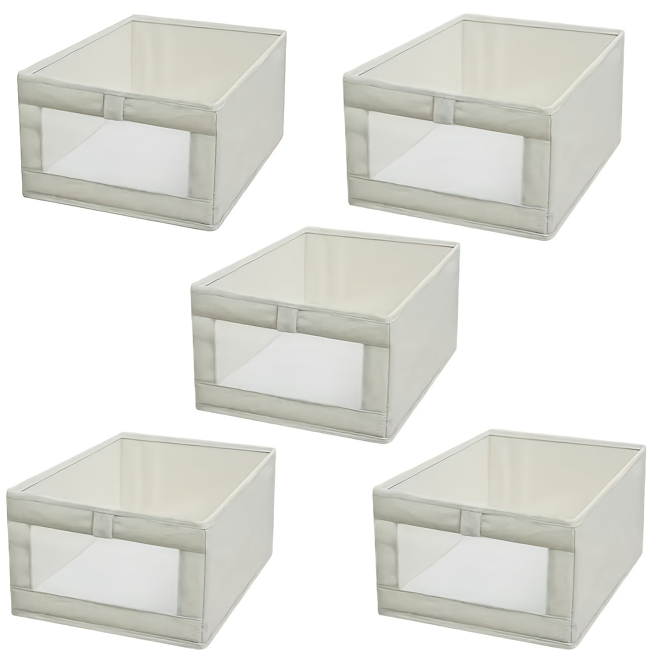 5pcs Beige Wardrobe Organizer Set- Large Foldable Storage Box with Window, Suitable for Clothes, Jeans- Multifunctional Rectangular Boxes, Home Organization, Laundry Basket, Under-Bed Storage