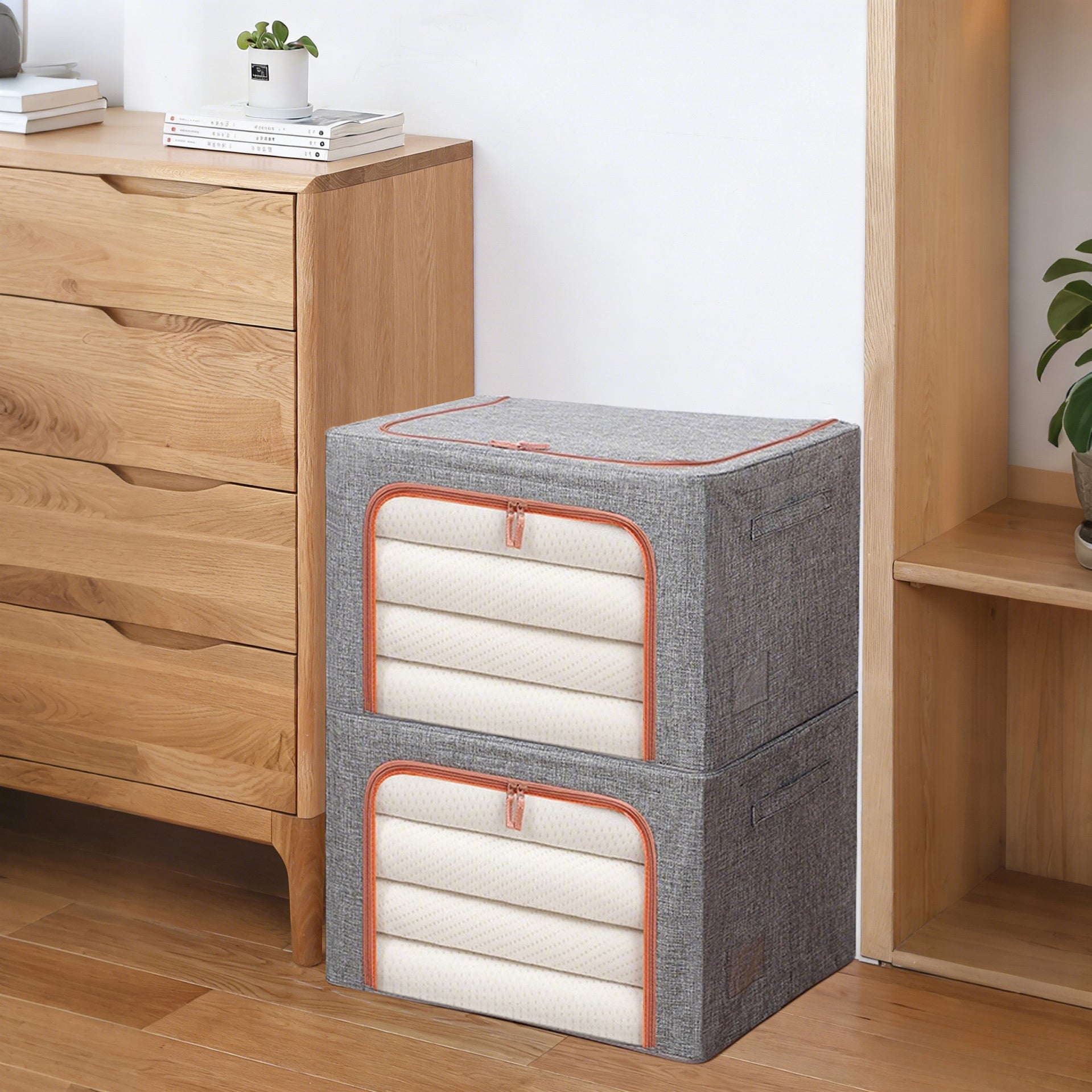 Clothes Storage Bins with Metal Frame, 17.44gal Foldable Clothing Storage Bins with Lid, Stackable Zippered Clothes Storage Bags, Organizer Box with Clear Window＆Handles, Under-Bed Storage