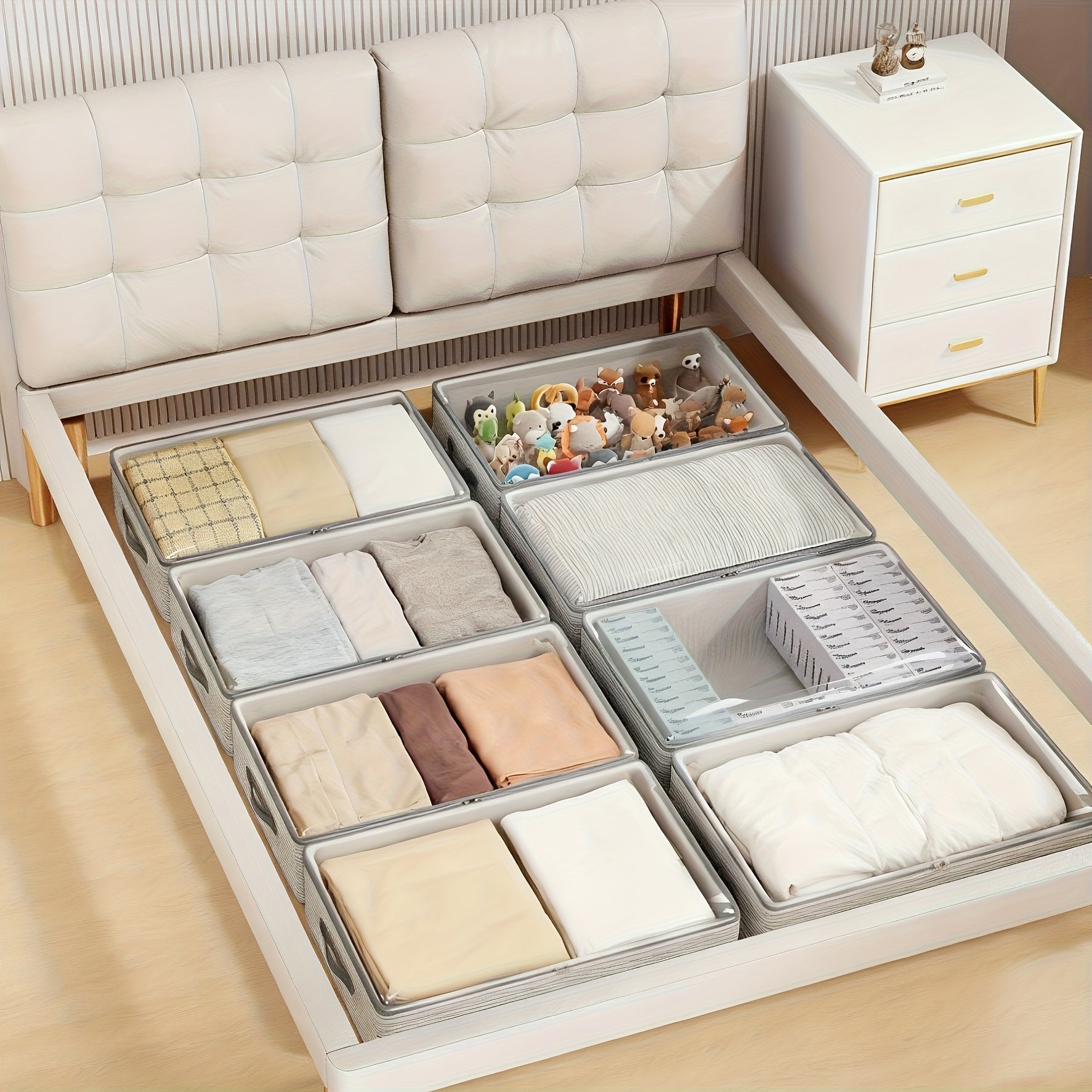 Oversized Multi-Layer Storage Bags - Flat Under-Bed Containers for Seasonal Apparel And, Crafted from Sturdy Non-Woven Material (White\u002FGray), Expandable Portable Organizers for Garments And Additions, Under-Bed Storage