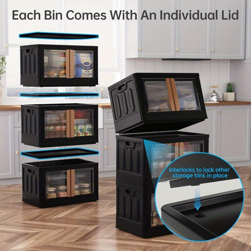 Storage Bins with 4 Lids 8.4 Gal Closet Cabinet 4 Pack Plastic Stackable Organizers with Front Opening Door Black Foldable Storage Box for Home Garage Office Craft
