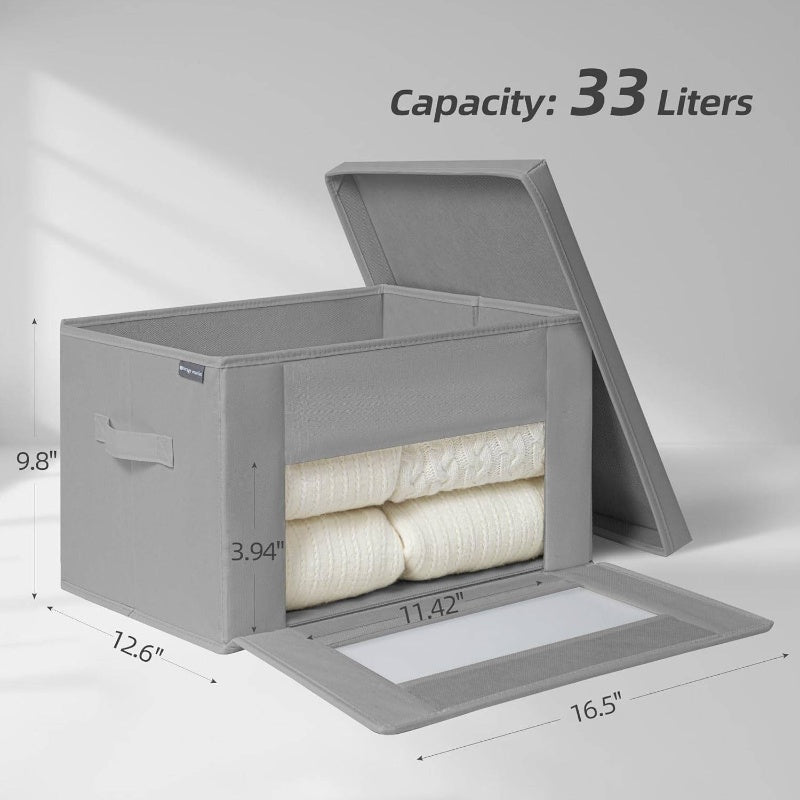 Set of 2 Storage Bins Featuring a Window, 17.44gal Stackable Containers with Lids, Collapsible Design, Stylish Closet Organizer, Fabric Cube Basket in Gray, Medium Size, Storage Boxes for Organizing