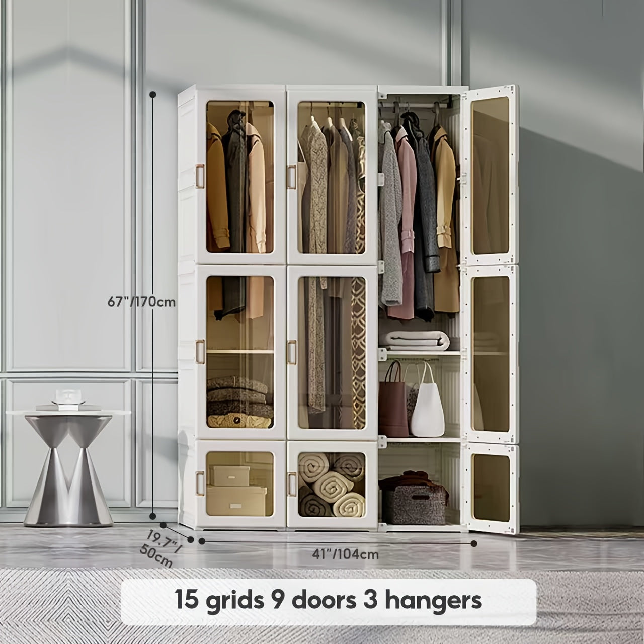 Magnetic Transparent Door Portable Wardrobe, with A Sturdy, Foldable Frame And Easy Assembly. Features 2 Or 3 Hanging Rods for Clothing Storage, Suitable for Bedrooms, Living Rooms, Dormitories, And Apartments.