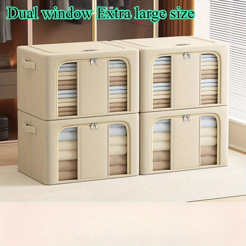 4pcs Large Fabric Storage Box with Window - Heavy-Duty Oxford Cloth Folding Organizer Basket Suitable for Clothes, Blankets, Bedspread - Space-Saving Multi- Container for Closet, Moving, Organization, Under-Bed Storage