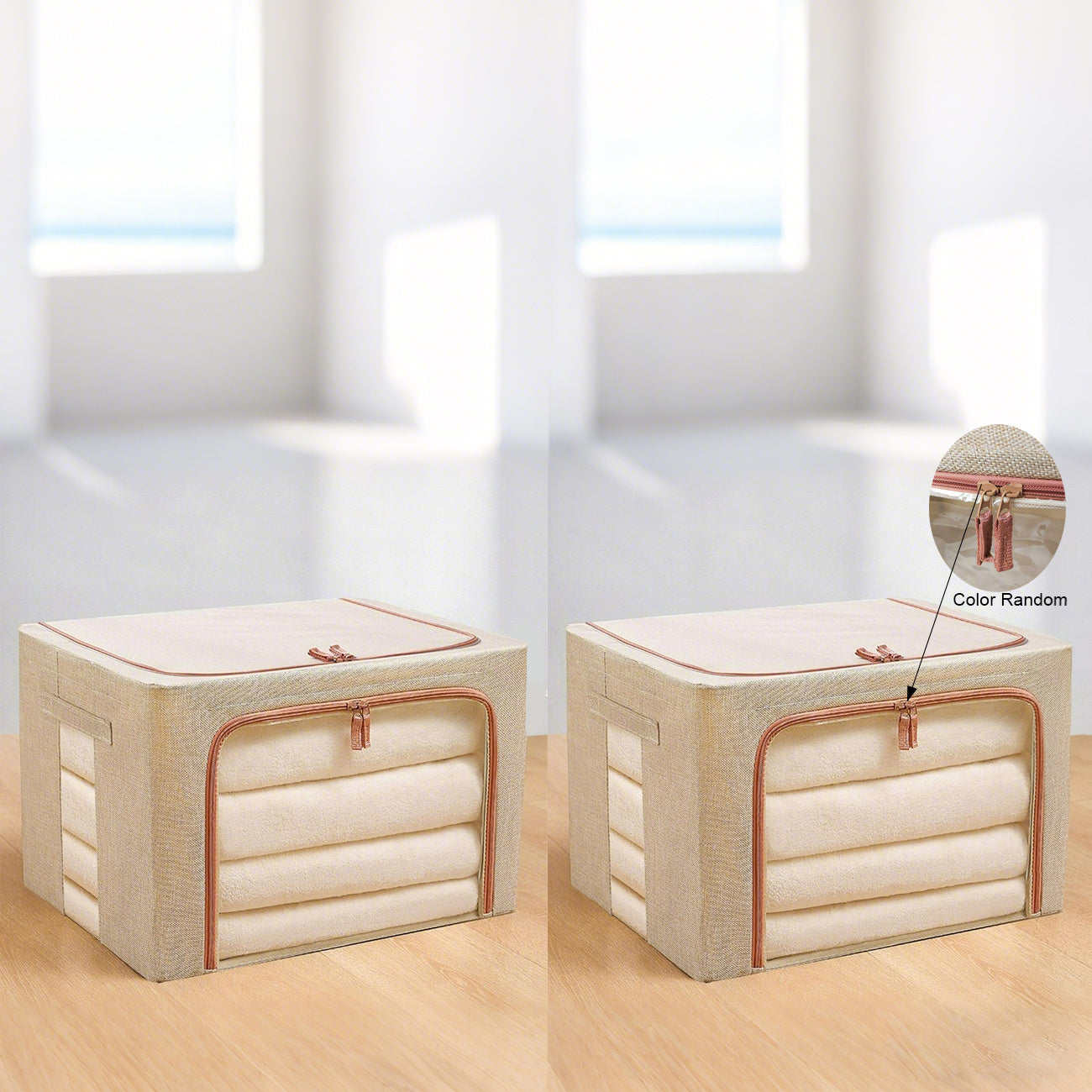 Clothes Storage Bins with Metal Frame, 17.44gal Foldable Clothing Storage Bins with Lid, Stackable Zippered Clothes Storage Bags, Organizer Box with Clear Window＆Handles, Under-Bed Storage