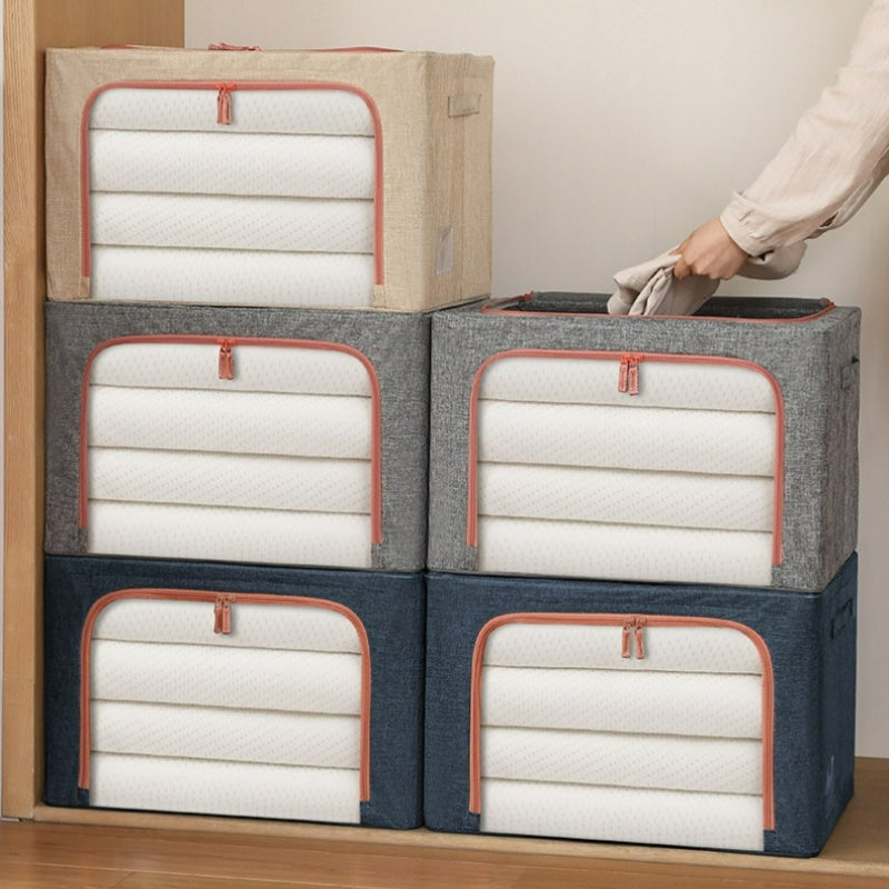 Clothes Storage Bins with Metal Frame, 17.44gal Foldable Clothing Storage Bins with Lid, Stackable Zippered Clothes Storage Bags, Organizer Box with Clear Window＆Handles, Under-Bed Storage