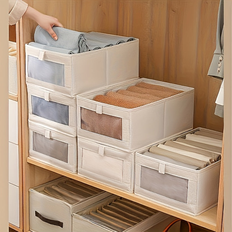 5pcs Beige Wardrobe Organizer Set- Large Foldable Storage Box with Window, Suitable for Clothes, Jeans- Multifunctional Rectangular Boxes, Home Organization, Laundry Basket, Under-Bed Storage