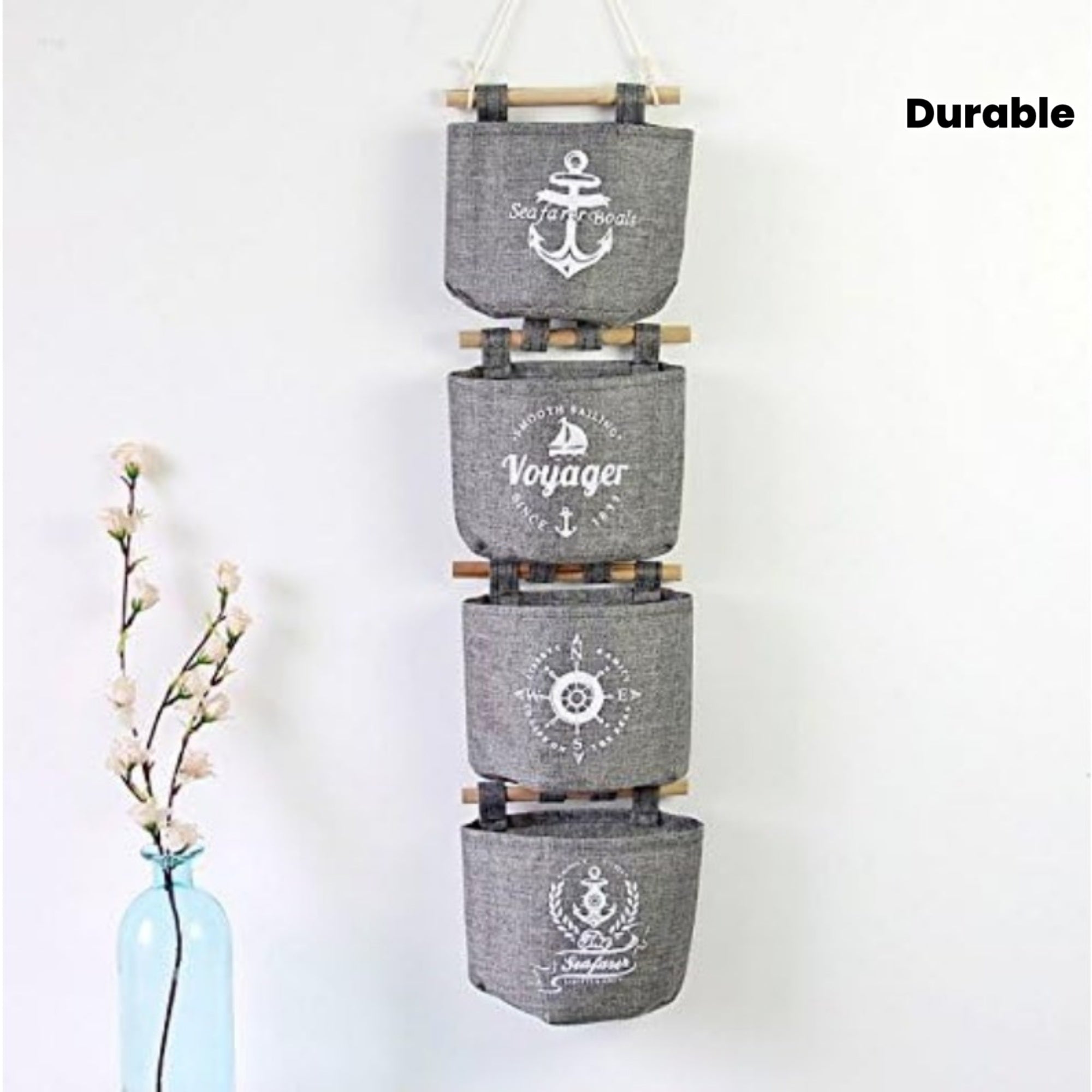4pcs Marine-themed Grey Hanging Storage Bag with Wooden Sticks - Durable Fabric Wall and Door Organizer for Kitchen Utensils, Towels, Etc. - Especially Anchor, Compass, and Navigator Designs, Door Hanging Storage | Marine-themed Decor