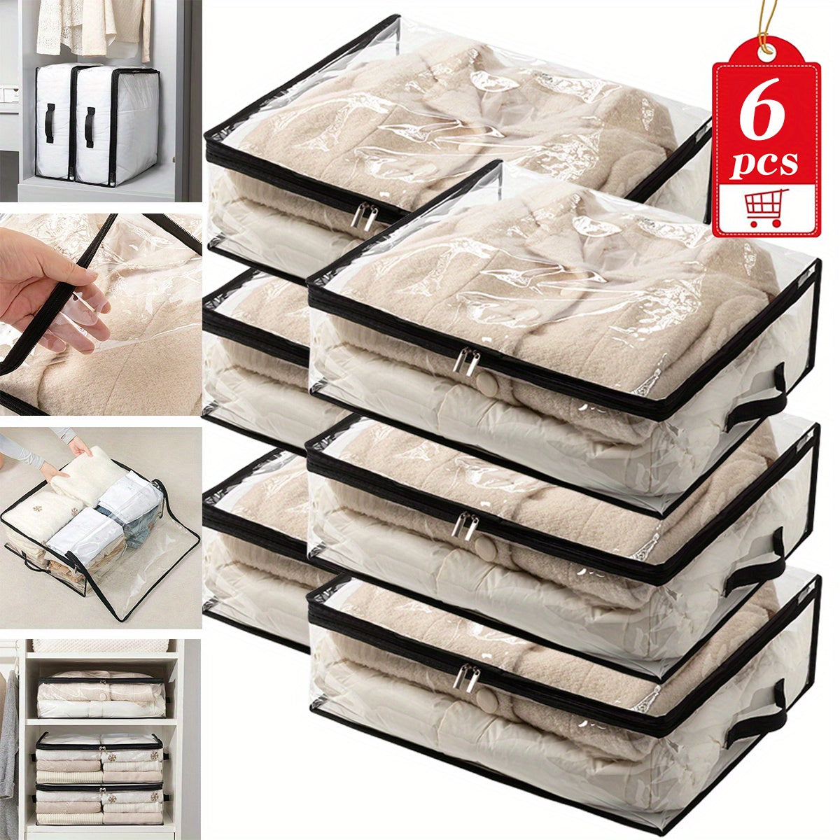 6pcs (6 for of Typing = 6-Pack) Bohemian Clear Fabric Storage Boxes with Zippered Lid Suitable for Clothes, Bedding Organizers & Hat Pouches - Transparent Under-Bed Containers, Space-Saving Suitable for Blankets, Duvet Covers, Hats, Under-Bed Storage