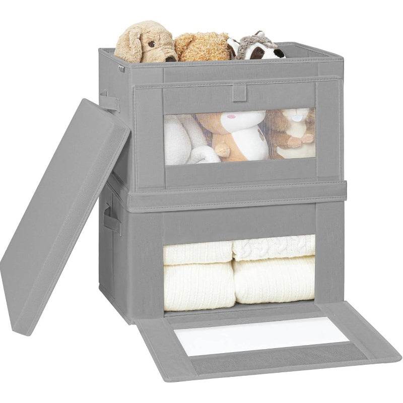 Set of 2 Storage Bins Featuring a Window, 17.44gal Stackable Containers with Lids, Collapsible Design, Stylish Closet Organizer, Fabric Cube Basket in Gray, Medium Size, Storage Boxes for Organizing
