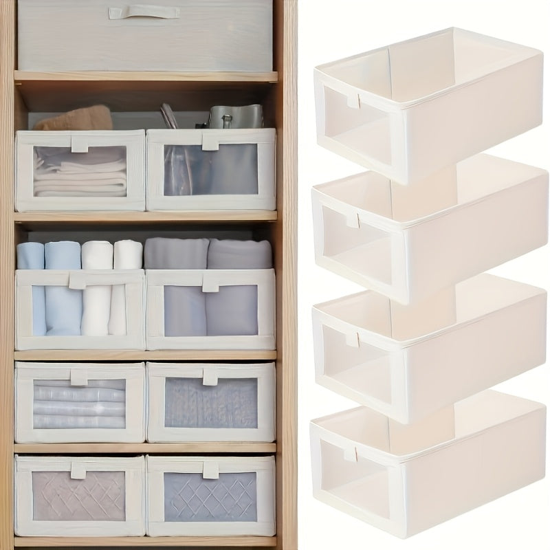 5pcs Beige Wardrobe Organizer Set- Large Foldable Storage Box with Window, Suitable for Clothes, Jeans- Multifunctional Rectangular Boxes, Home Organization, Laundry Basket, Under-Bed Storage
