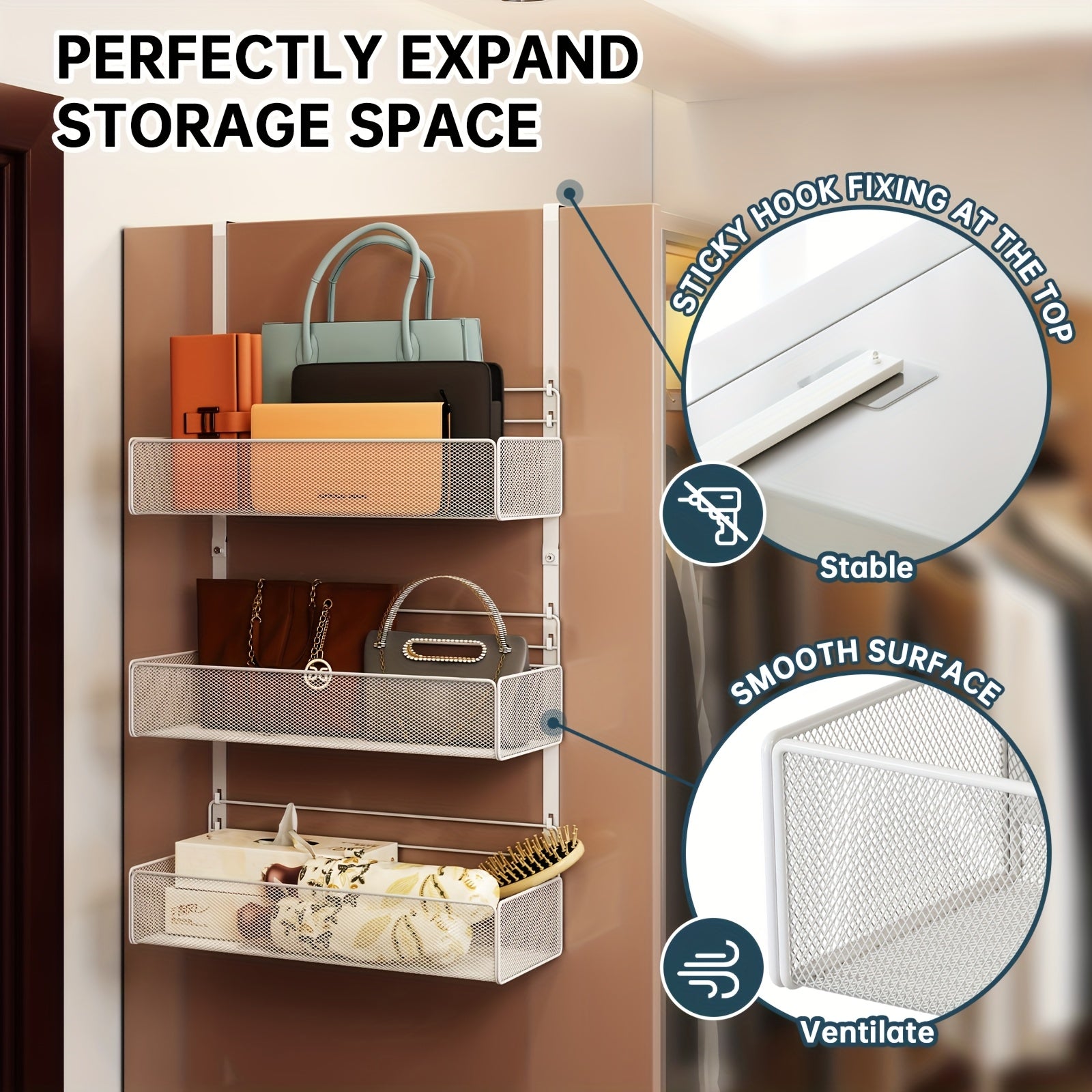 3-Pack Wall-Mounted Side Hanging Baskets for Bedroom Wardrobe, Dormitory Closet Side Storage Hanging Pockets, Space-Saving Shelf