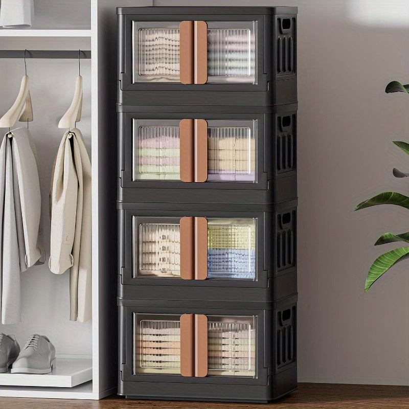Storage Bins with 4 Lids 8.4 Gal Closet Cabinet 4 Pack Plastic Stackable Organizers with Front Opening Door Black Foldable Storage Box for Home Garage Office Craft
