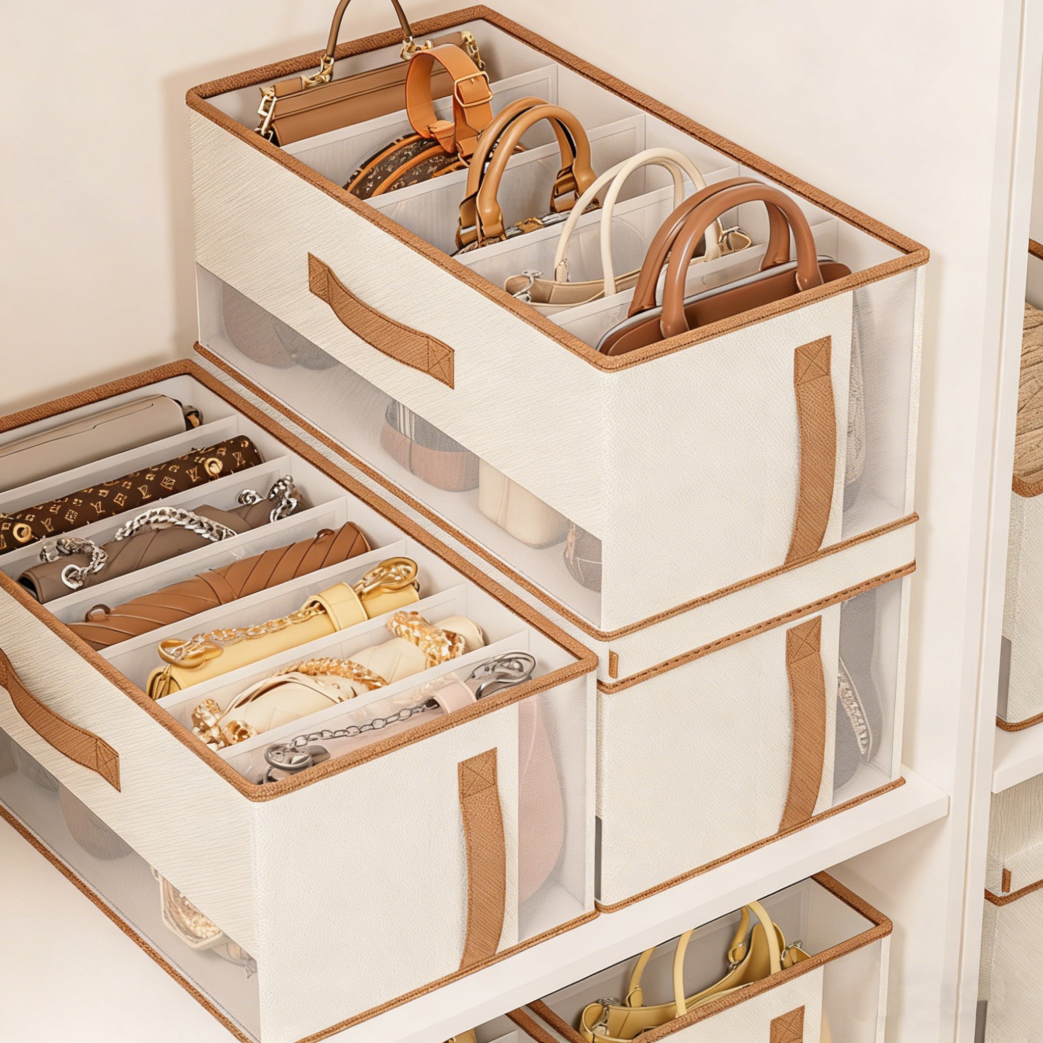 A Set of Three Foldable Storage Boxes (With Dividers) - Made from Thick Non-Woven Fabric, Featuring a Transparent Lid And a Multi-Compartment Design That Saves Space. Suitable for Clothing, Luggage, Under-Bed Storage, Wardrobes, Dorms