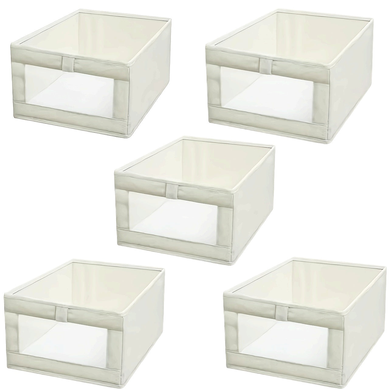 5pcs Beige Wardrobe Organizer Set- Large Foldable Storage Box with Window, Suitable for Clothes, Jeans- Multifunctional Rectangular Boxes, Home Organization, Laundry Basket, Under-Bed Storage