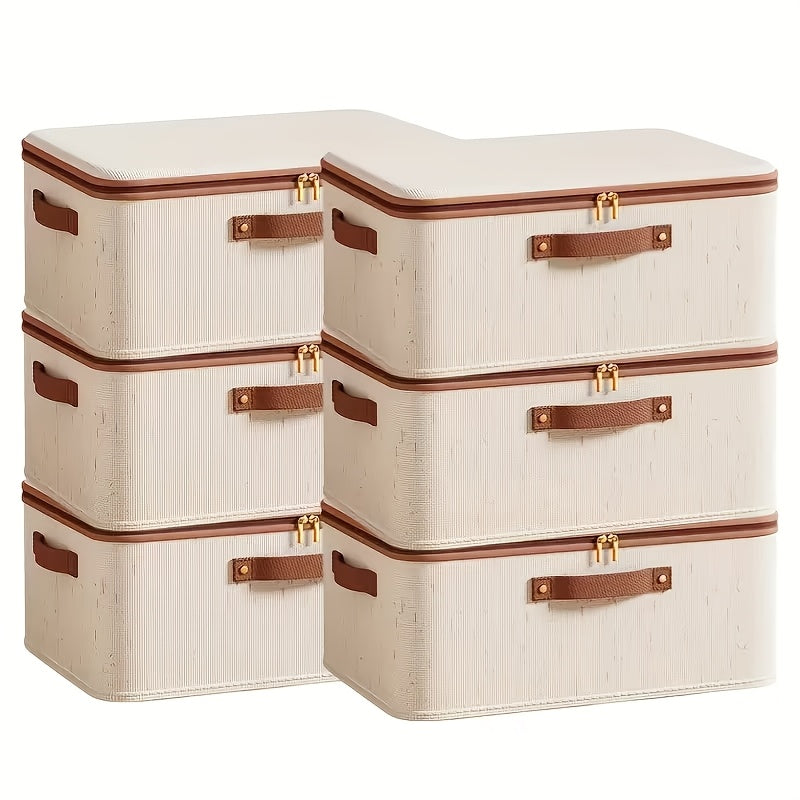 6pcs Heavy-Duty Fabric Storage Boxes with Flip-Top Lid - Beige Organizer Bins, Stackable Closet, Under-Bed, Dorm, Moving -Dustproof, Space-Saving Design for Home, Office, Travel - Ideal for Clothes, Blankets, Seasonal Decor Storage, Home Organization