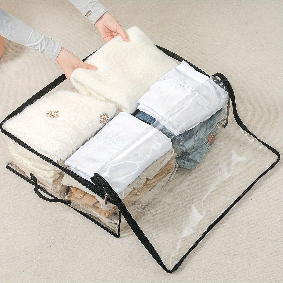 6pcs (6 for of Typing = 6-Pack) Bohemian Clear Fabric Storage Boxes with Zippered Lid Suitable for Clothes, Bedding Organizers & Hat Pouches - Transparent Under-Bed Containers, Space-Saving Suitable for Blankets, Duvet Covers, Hats, Under-Bed Storage