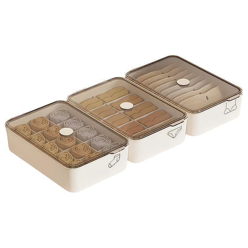 Set of 3 Compartmentalized Plastic Storage Boxes with Lids, Featuring Combinations of No Compartments, Ten Compartments, And Fifteen Compartments for Organizing Underwear, Socks, And Closet Items, As Well As Drawer Storage for Bras And Panties