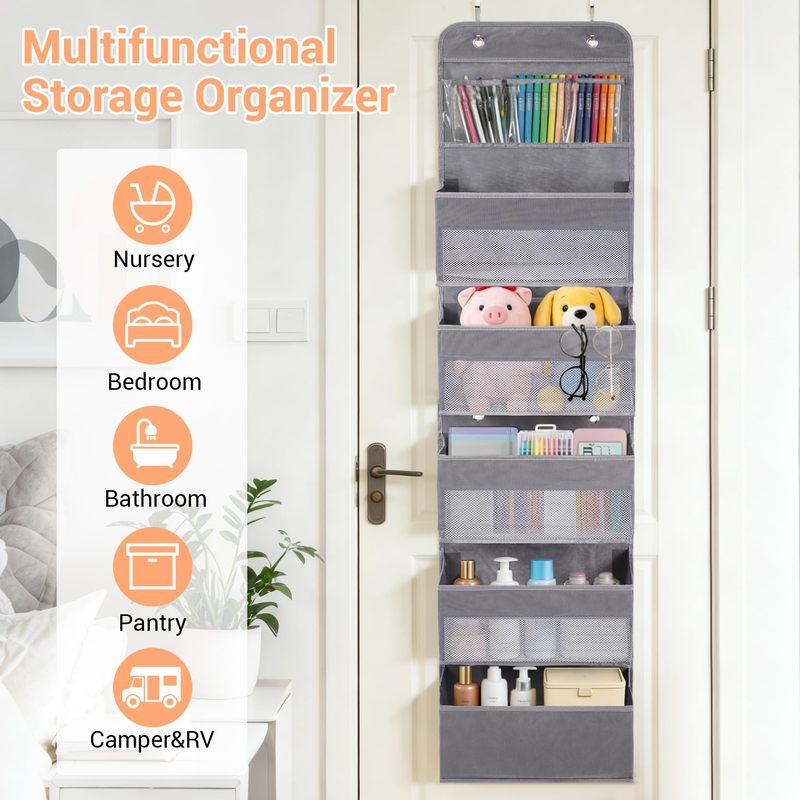 2-Pack 6-Tier Over The Door Organizer with Zippered Shelves and Multiple Pockets, Space-Saving Hanging Storage for Bedroom, Dorm, Bathroom, Nursery, and Pantry in Grey