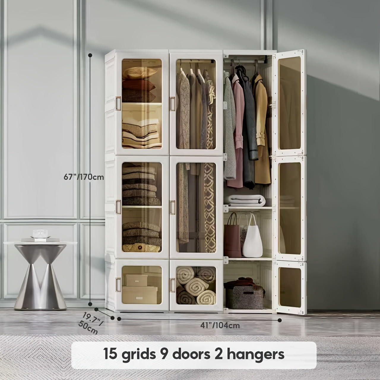 Magnetic Transparent Door Portable Wardrobe, with A Sturdy, Foldable Frame And Easy Assembly. Features 2 Or 3 Hanging Rods for Clothing Storage, Suitable for Bedrooms, Living Rooms, Dormitories, And Apartments.