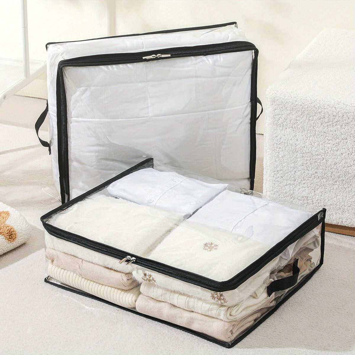 6pcs (6 for of Typing = 6-Pack) Bohemian Clear Fabric Storage Boxes with Zippered Lid Suitable for Clothes, Bedding Organizers & Hat Pouches - Transparent Under-Bed Containers, Space-Saving Suitable for Blankets, Duvet Covers, Hats, Under-Bed Storage