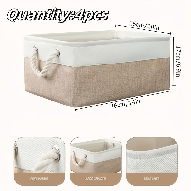 4pcs Large Capacity Foldable Open-Top Storage Box Fabric with Handle White Beige Stylish Durable for Bedroom Underbed Clothes Storage Box Premium Mother'S Day Birthday Gift