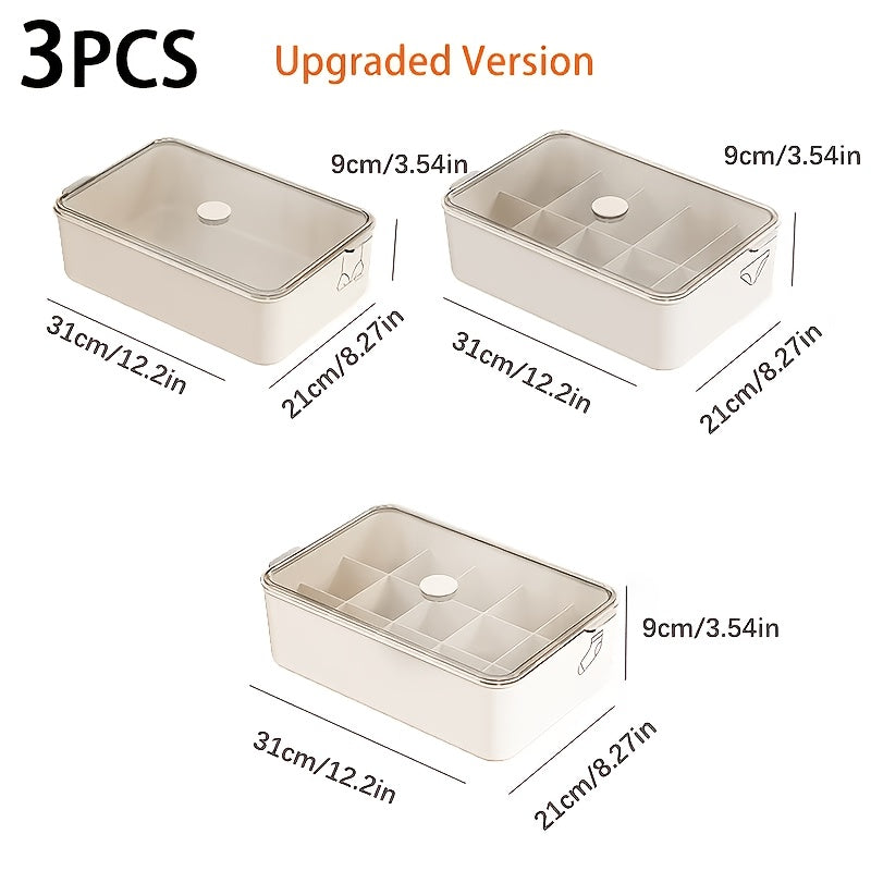 Set of 3 Compartmentalized Plastic Storage Boxes with Lids, Featuring Combinations of No Compartments, Ten Compartments, And Fifteen Compartments for Organizing Underwear, Socks, And Closet Items, As Well As Drawer Storage for Bras And Panties