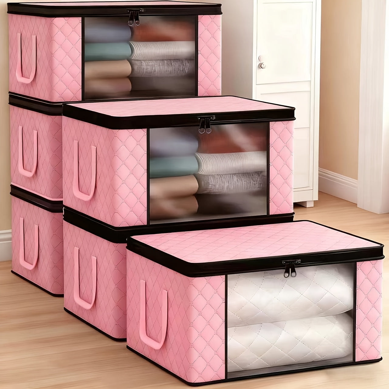 6pcs Extra Large Foldable Storage Box, Window Visible with Zipper and Lid, Durable Folding Clothing Organizer with Reinforced Handles, Suitable for Bedding, Blankets, Pillows, and Clothing, Under-Bed Storage