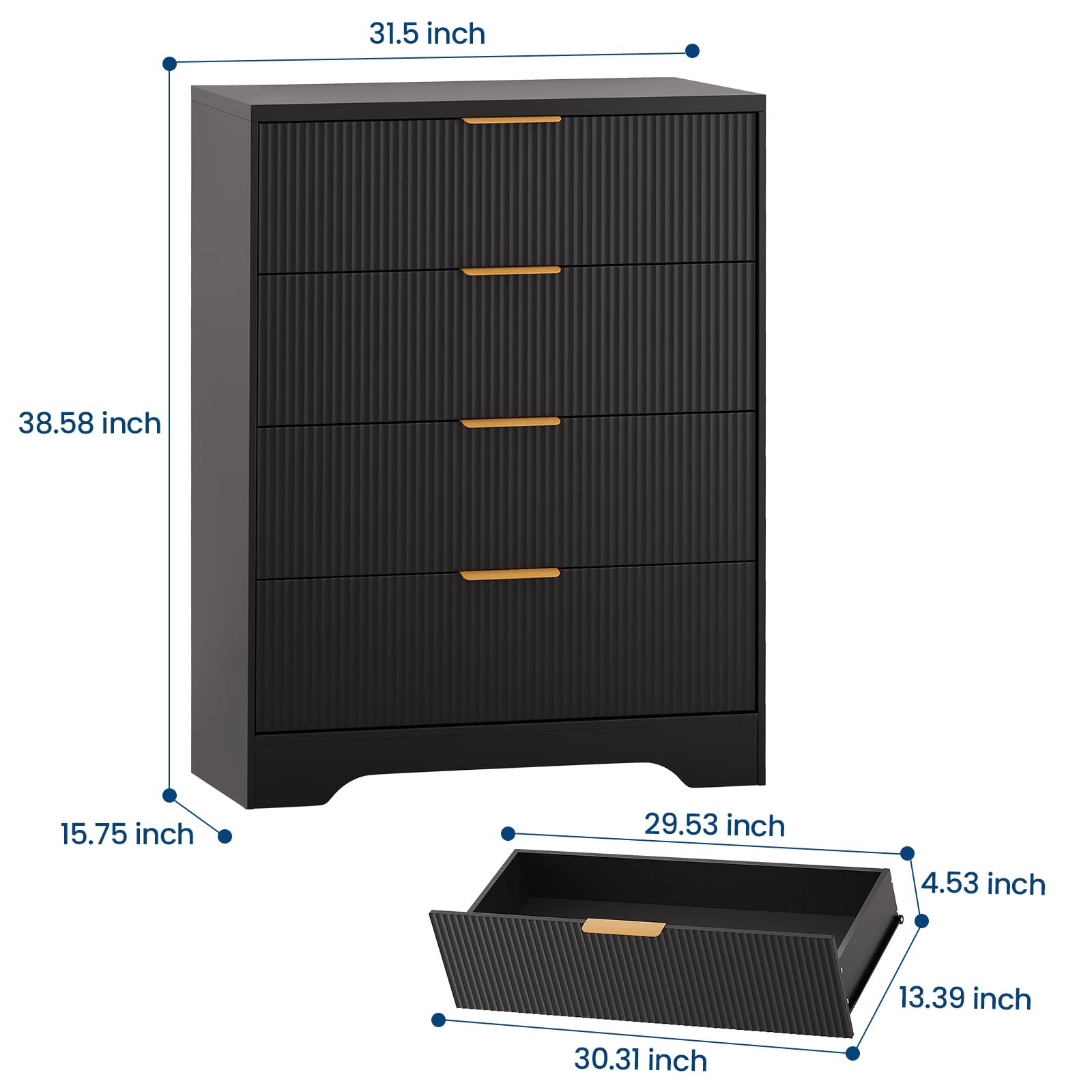 New Upgraded Storage Cabinet Elegant 4-Drawer Chest of Drawers in High Wave Design, Crafted from Durable, Measuring 31.5inch Width X 15.75inch Depth X 38.58inch Height for Stylish Storage