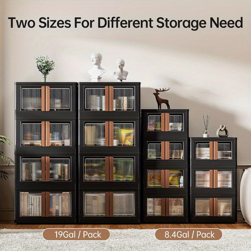 Storage Bins with 4 Lids 8.4 Gal Closet Cabinet 4 Pack Plastic Stackable Organizers with Front Opening Door Black Foldable Storage Box for Home Garage Office Craft