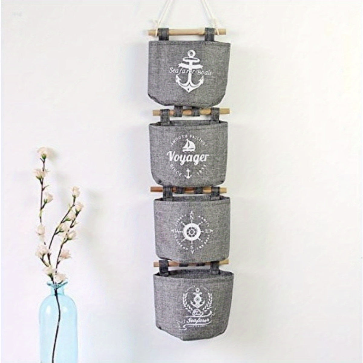 4pcs Marine-themed Grey Hanging Storage Bag with Wooden Sticks - Durable Fabric Wall and Door Organizer for Kitchen Utensils, Towels, Etc. - Especially Anchor, Compass, and Navigator Designs, Door Hanging Storage | Marine-themed Decor