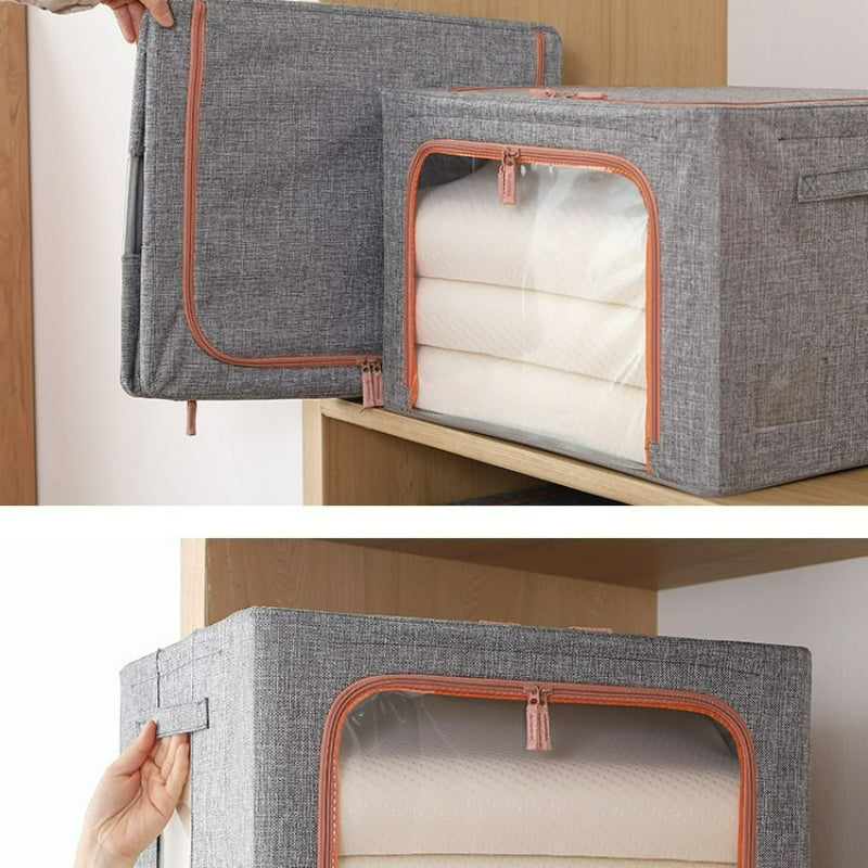 Clothes Storage Bins with Metal Frame, 17.44gal Foldable Clothing Storage Bins with Lid, Stackable Zippered Clothes Storage Bags, Organizer Box with Clear Window＆Handles, Under-Bed Storage