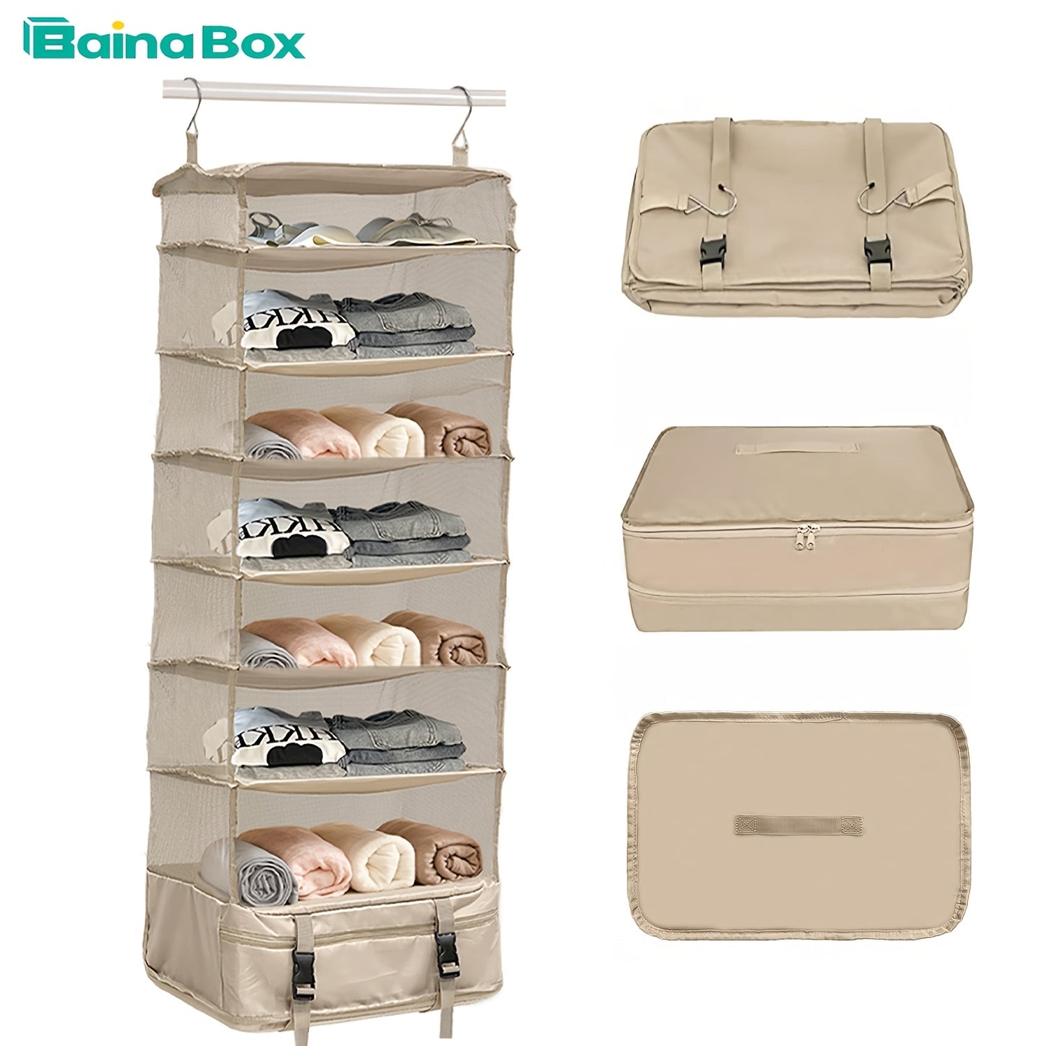 Baina Box Hanging Large Capacity Clothes Storage Bag, 50*18*12 Inches, 7 Layers Foldable Portable Organiser, Outdoor Suitcase Special Hanging Bag, Suitable for Home and Dormitory Use, Wardrobe, Travel Essentials, Portable Closets