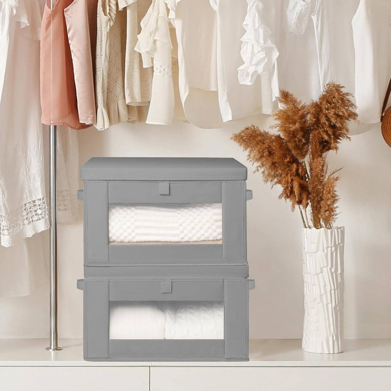 Set of 2 Storage Bins Featuring a Window, 17.44gal Stackable Containers with Lids, Collapsible Design, Stylish Closet Organizer, Fabric Cube Basket in Gray, Medium Size, Storage Boxes for Organizing
