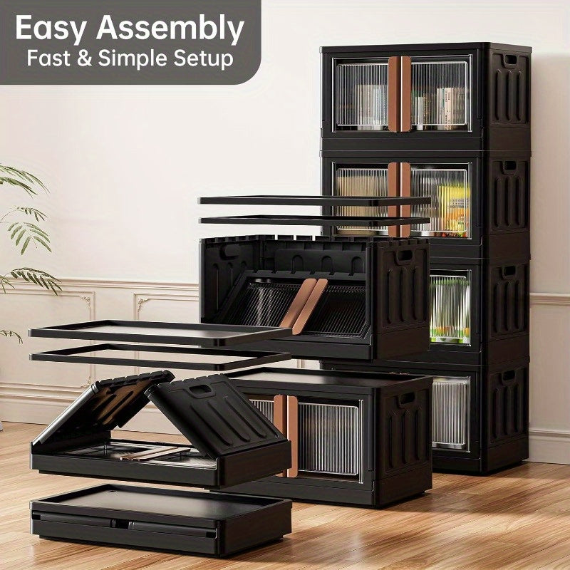 Storage Bins with 4 Lids 8.4 Gal Closet Cabinet 4 Pack Plastic Stackable Organizers with Front Opening Door Black Foldable Storage Box for Home Garage Office Craft