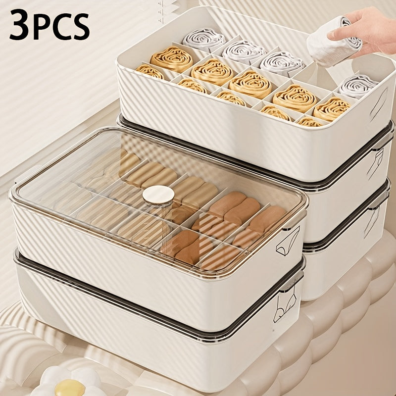 Set of 3 Compartmentalized Plastic Storage Boxes with Lids, Featuring Combinations of No Compartments, Ten Compartments, And Fifteen Compartments for Organizing Underwear, Socks, And Closet Items, As Well As Drawer Storage for Bras And Panties