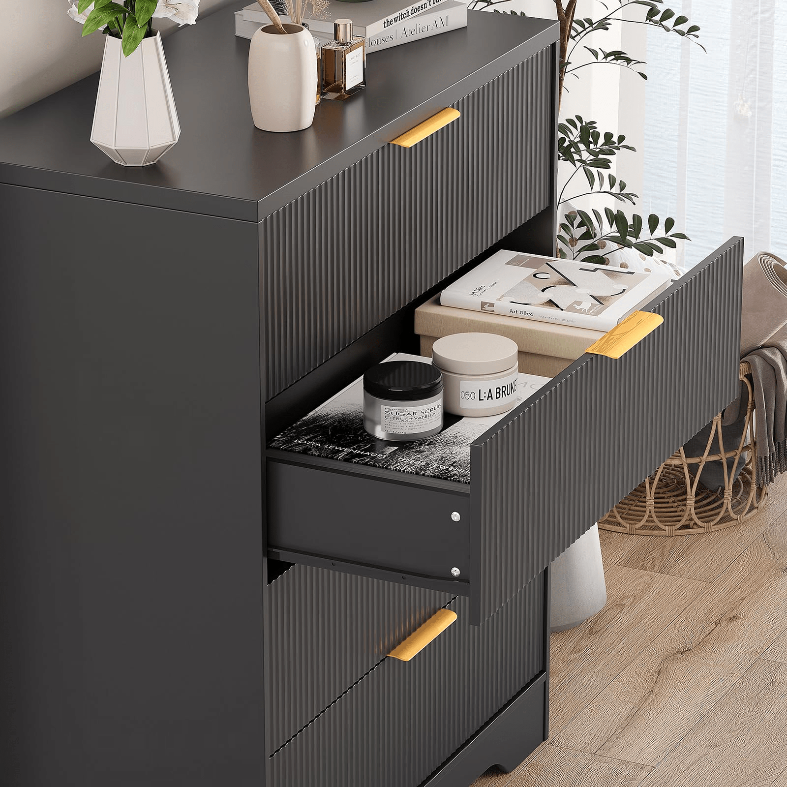 New Upgraded Storage Cabinet Elegant 4-Drawer Chest of Drawers in High Wave Design, Crafted from Durable, Measuring 31.5inch Width X 15.75inch Depth X 38.58inch Height for Stylish Storage