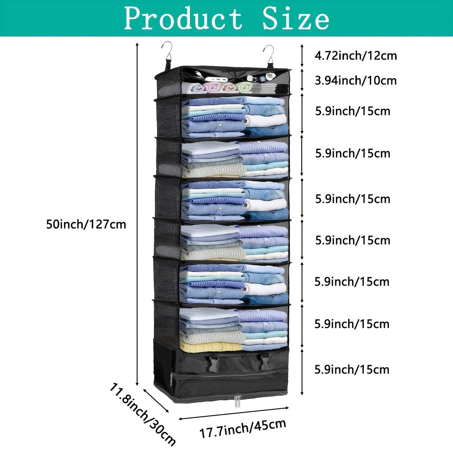 Baina Box Hanging Large Capacity Clothes Storage Bag, 50*18*12 Inches, 7 Layers Foldable Portable Organiser, Outdoor Suitcase Special Hanging Bag, Suitable for Home and Dormitory Use, Wardrobe, Travel Essentials, Portable Closets