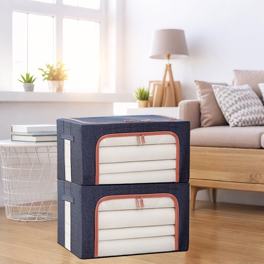 Clothes Storage Bins with Metal Frame, 17.44gal Foldable Clothing Storage Bins with Lid, Stackable Zippered Clothes Storage Bags, Organizer Box with Clear Window＆Handles, Under-Bed Storage