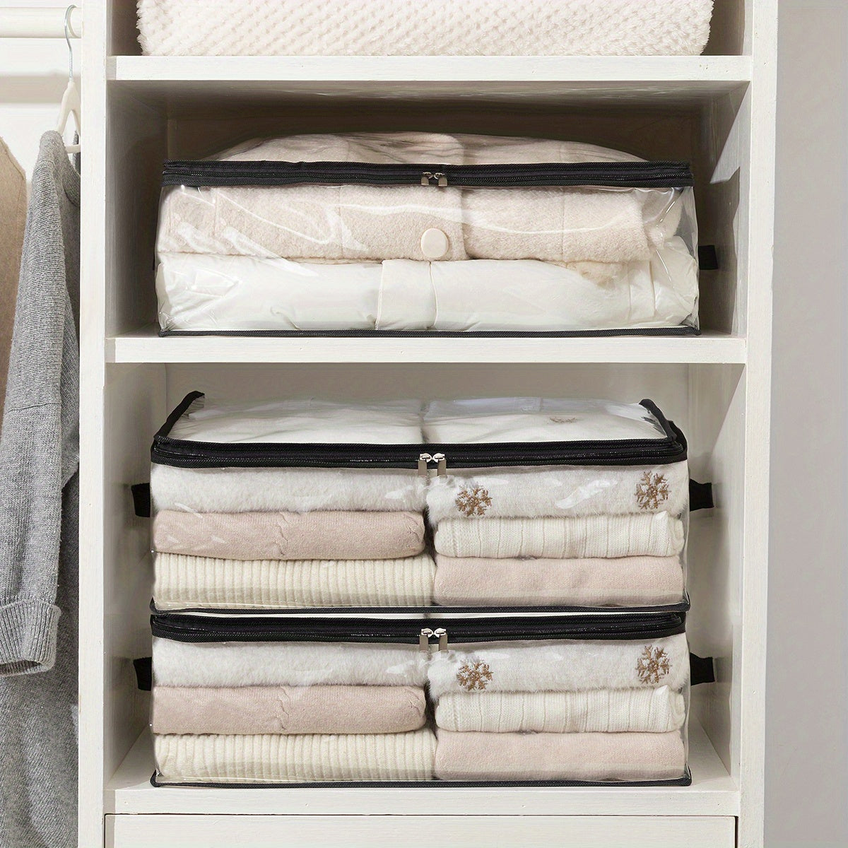 6pcs (6 for of Typing = 6-Pack) Bohemian Clear Fabric Storage Boxes with Zippered Lid Suitable for Clothes, Bedding Organizers & Hat Pouches - Transparent Under-Bed Containers, Space-Saving Suitable for Blankets, Duvet Covers, Hats, Under-Bed Storage