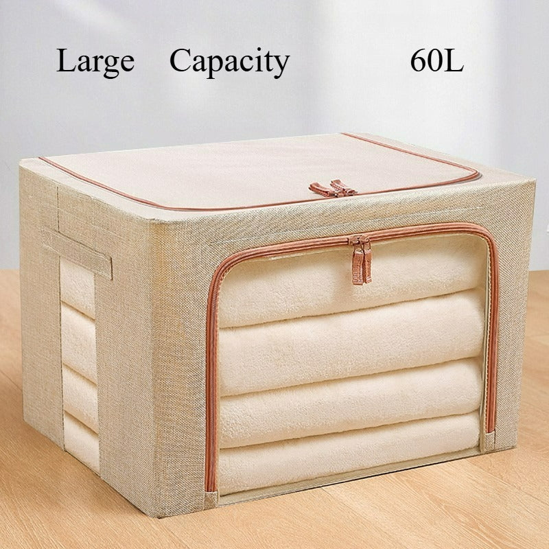 Clothes Storage Bins with Metal Frame, 17.44gal Foldable Clothing Storage Bins with Lid, Stackable Zippered Clothes Storage Bags, Organizer Box with Clear Window＆Handles, Under-Bed Storage
