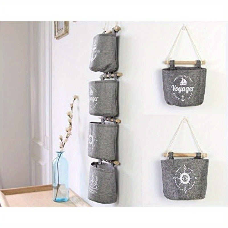 4pcs Marine-themed Grey Hanging Storage Bag with Wooden Sticks - Durable Fabric Wall and Door Organizer for Kitchen Utensils, Towels, Etc. - Especially Anchor, Compass, and Navigator Designs, Door Hanging Storage | Marine-themed Decor
