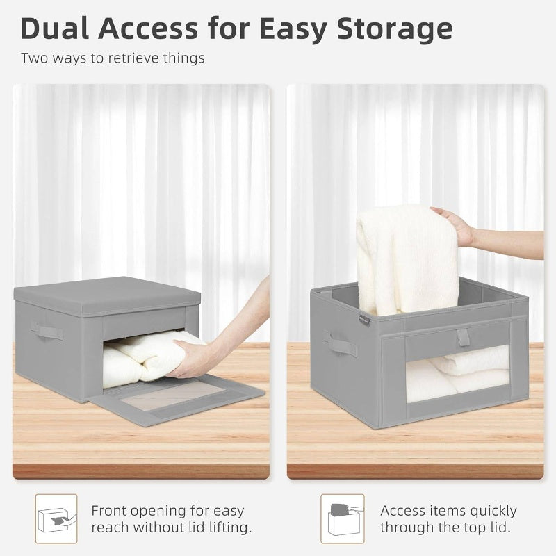 Set of 2 Storage Bins Featuring a Window, 17.44gal Stackable Containers with Lids, Collapsible Design, Stylish Closet Organizer, Fabric Cube Basket in Gray, Medium Size, Storage Boxes for Organizing