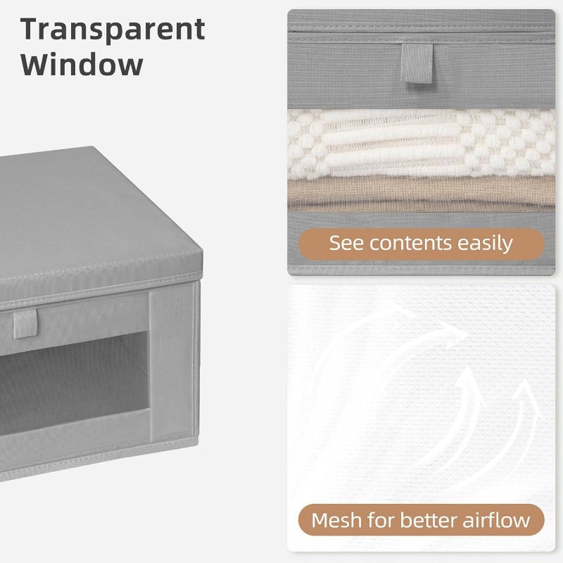 Set of 2 Storage Bins Featuring a Window, 17.44gal Stackable Containers with Lids, Collapsible Design, Stylish Closet Organizer, Fabric Cube Basket in Gray, Medium Size, Storage Boxes for Organizing