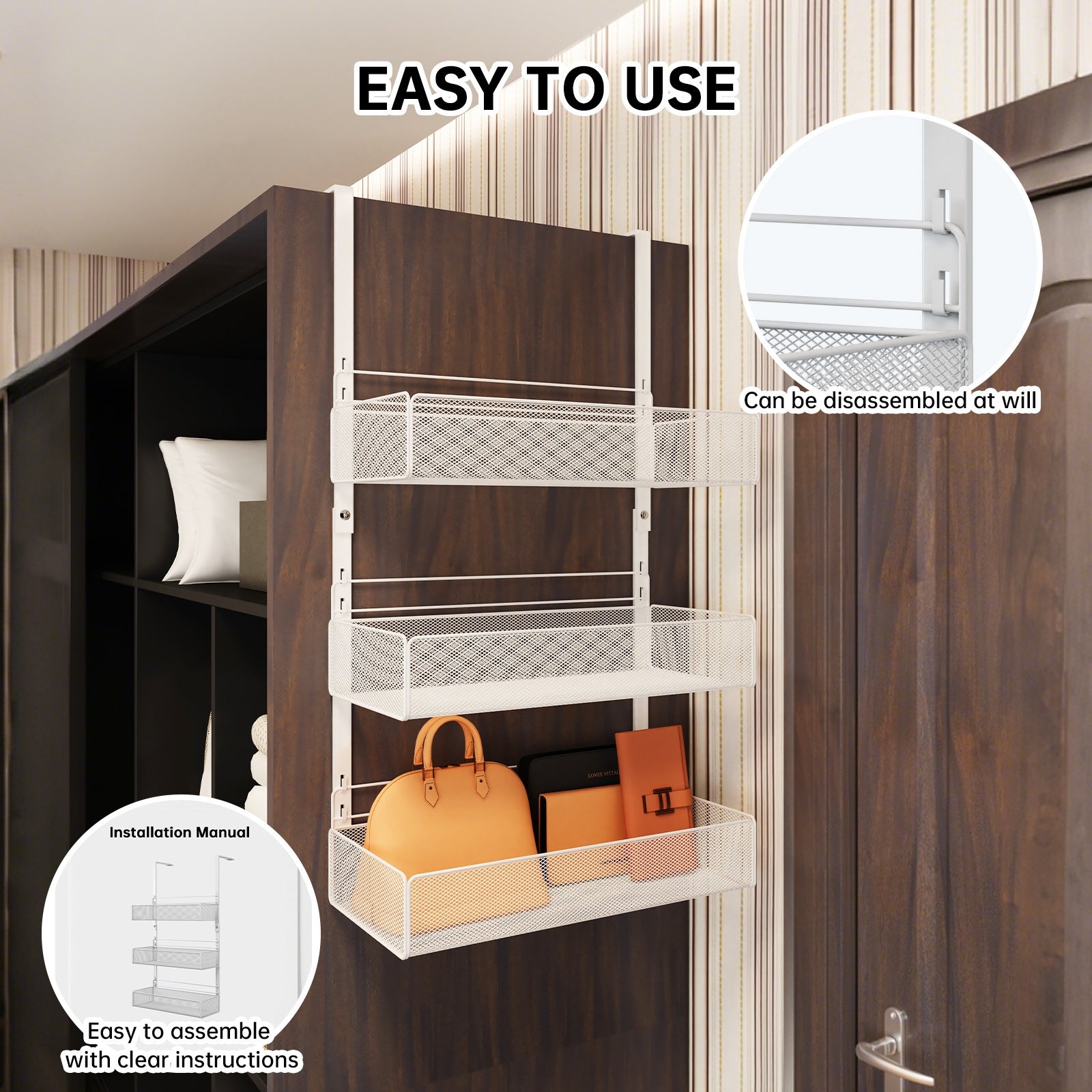 3-Pack Wall-Mounted Side Hanging Baskets for Bedroom Wardrobe, Dormitory Closet Side Storage Hanging Pockets, Space-Saving Shelf