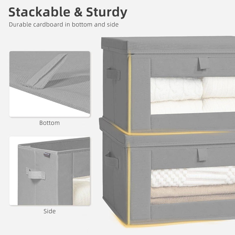 Set of 2 Storage Bins Featuring a Window, 17.44gal Stackable Containers with Lids, Collapsible Design, Stylish Closet Organizer, Fabric Cube Basket in Gray, Medium Size, Storage Boxes for Organizing